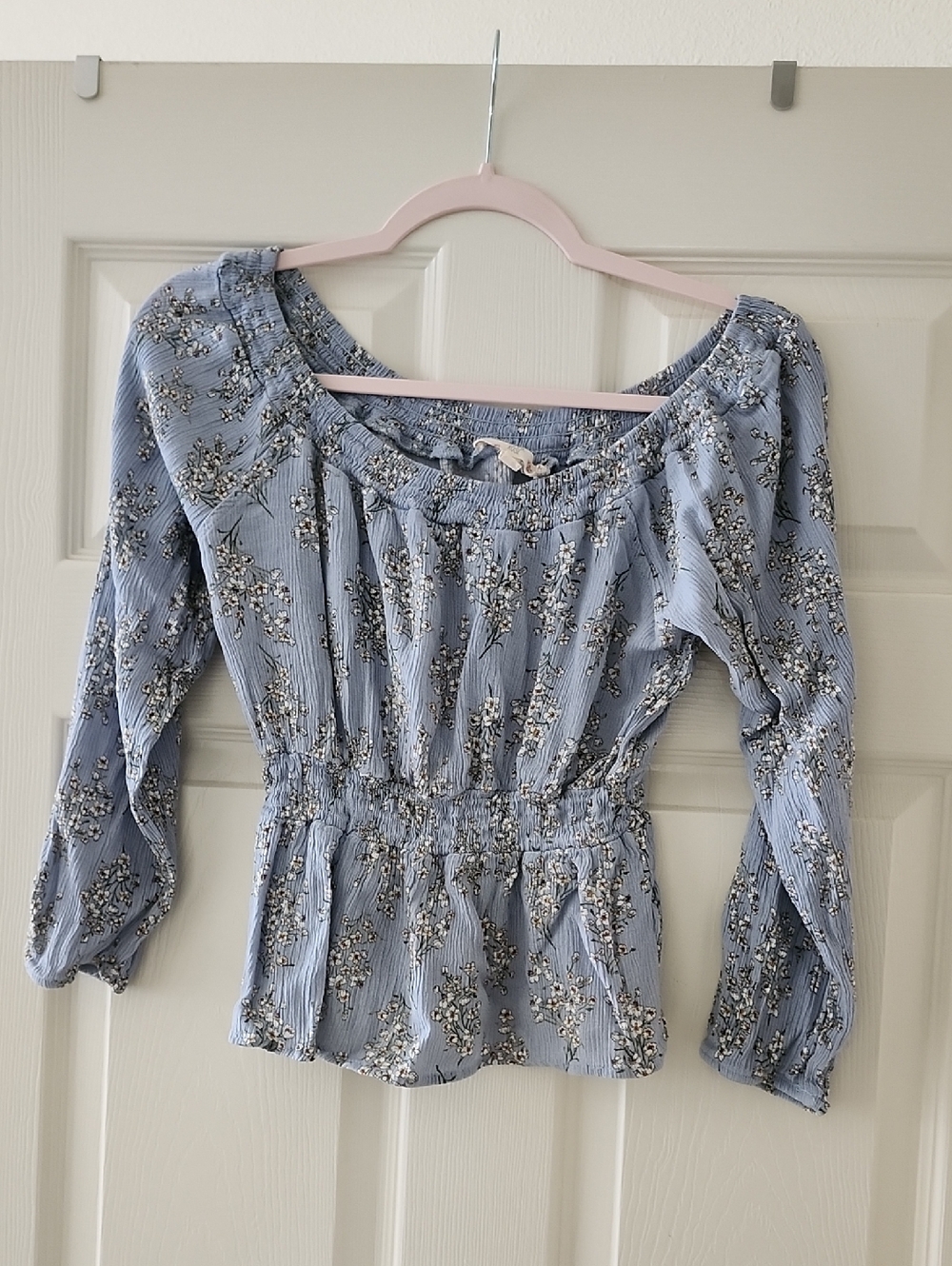 Hippie Rose Light Blue Floral Smocked Peasant Blouse